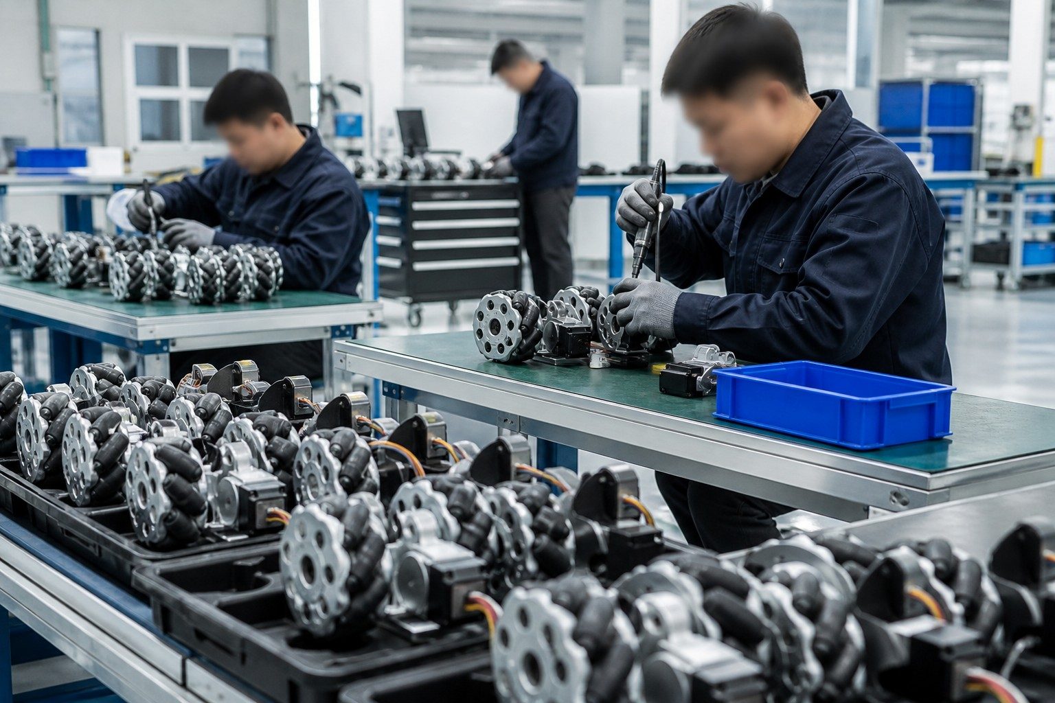 Assembly of mecanum wheels and servo drive components