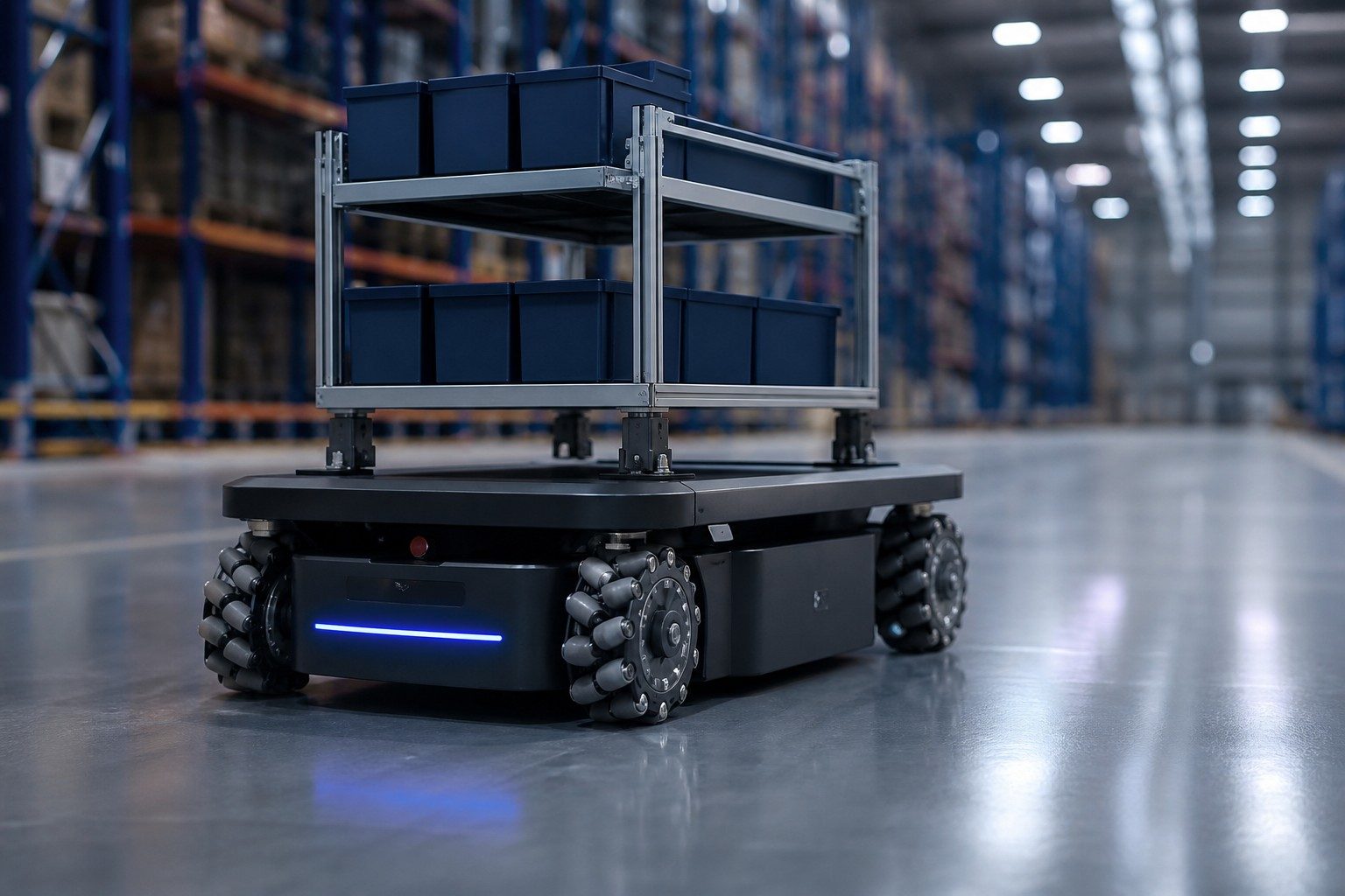 AGV with mecanum drive in warehouse