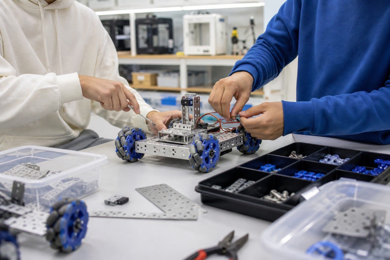 Students assembling robotics kit with servos